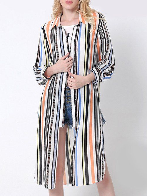 

Flowing Colorful Striped High Slit Shirt, Orange