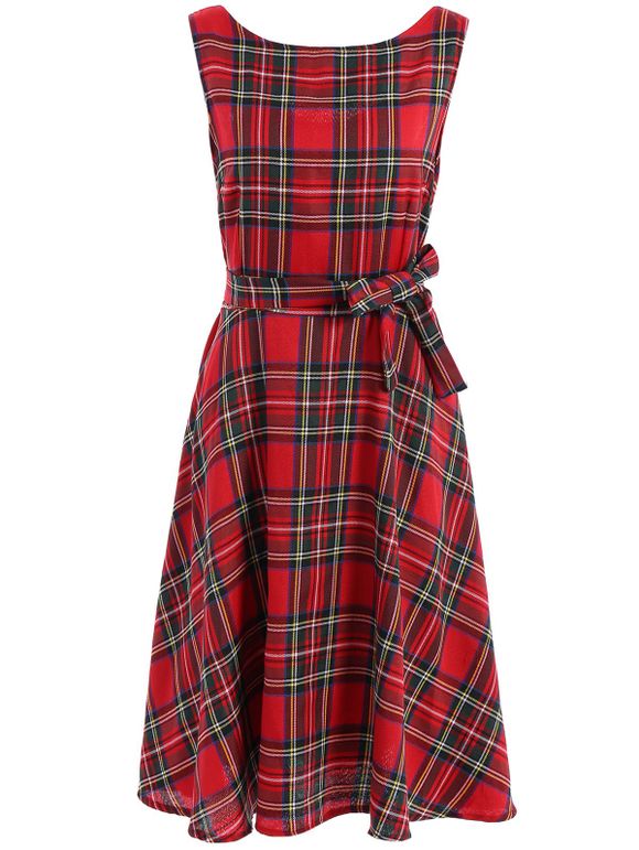 Jewel Neck manches Plaid Belted Robe évasée s 'Vintage Femmes - Rouge XL