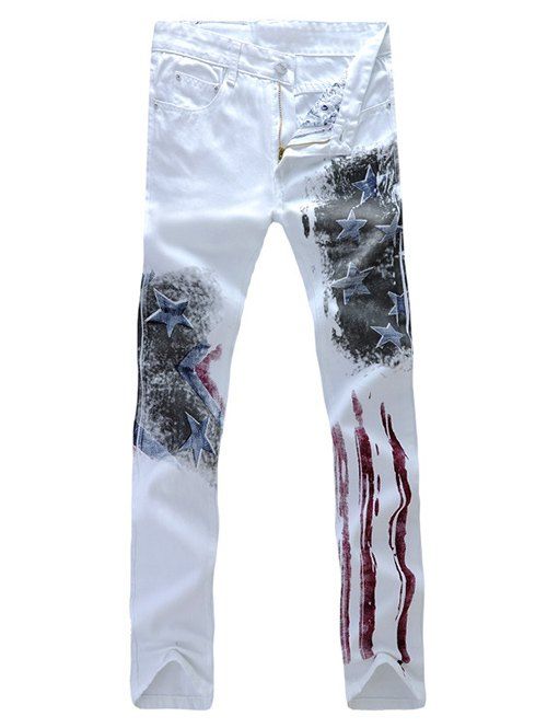Stars Stripe Printed Zipper Fly Straight Leg Men's Jeans - Blanc 36
