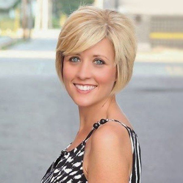 

Faddish Fluffy Short Straight Women's Human Hair Side Bang Wig, Brown with blonde