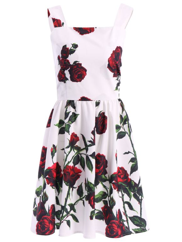 Vintage Sleeveless Square Neck Floral Print Women's Dress - Blanc L