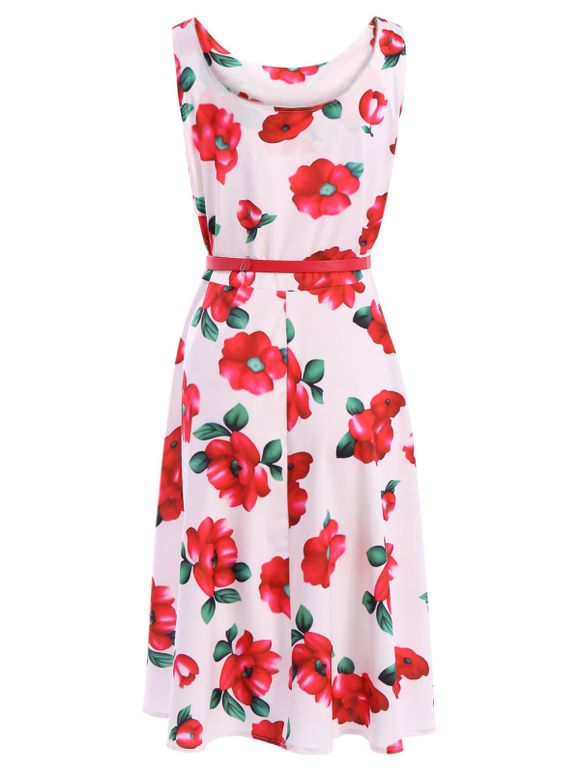 Vintage Women's Scoop Neck Sleeveless Floral Print Belted Flare Dress - Rouge XL