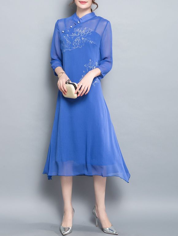 Circuler Imprimer Floral bouton Slant Dress - Bleu 2XL