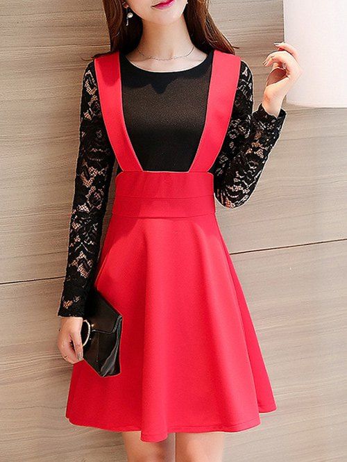 

False Two Piece Color Block Lace Splicing Dress, Red