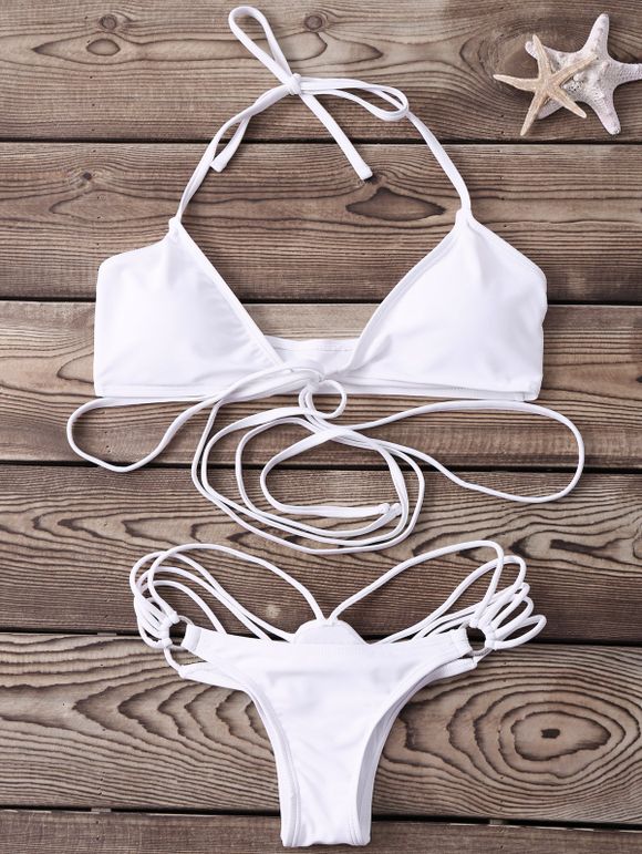 Bikini Sexy Halter sans manches Couleur unie à lacets femmes - Blanc L