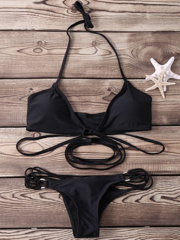 Bikini Sexy Halter sans manches Couleur unie à lacets femmes - Noir S