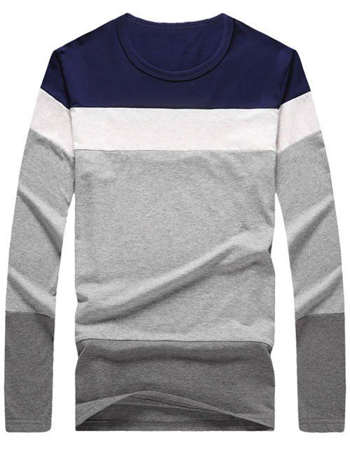 

Brief Color Blocks Round Neck Long Sleeves Tee For Men, Deep blue