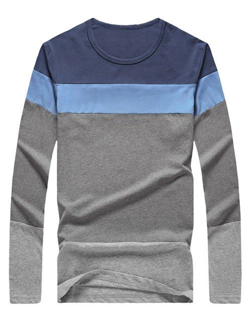 

Brief Color Blocks Round Neck Long Sleeves Tee For Men, Medium blue