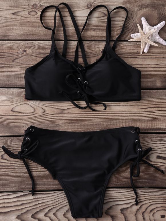 Spaghetti Strap Drawstring Bikini Sexy Femmes - Noir L