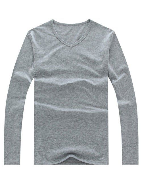 T-Shirt Style Simple Manches Longues à Col V - Gris S