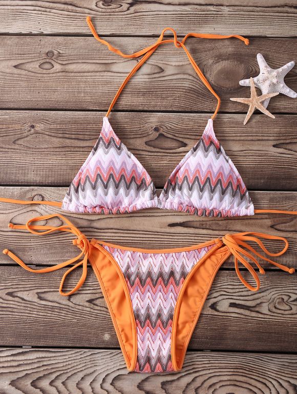 Sexy Halter Backless Zigzag Stripe Low-Cut Bikini Set de femmes cordes - Orange S