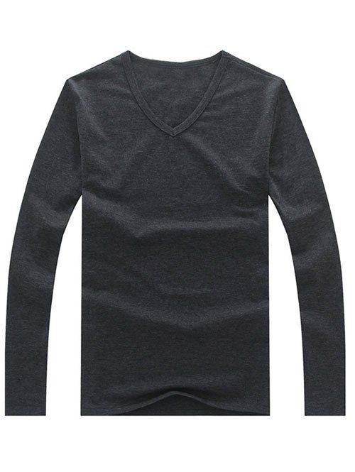 T-Shirt Style Simple Manches Longues à Col V - gris foncé L