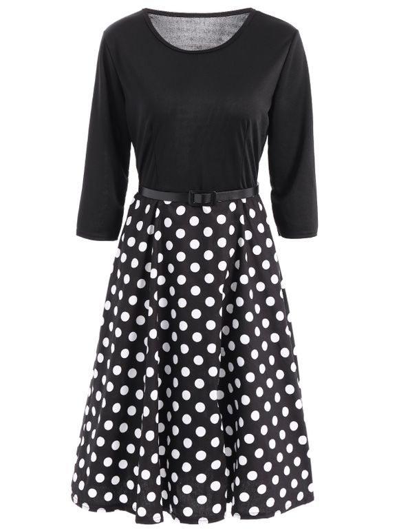 Vintage ceinturée à manches 3/4 Polka Dot Fit et Flare Dress For Women - Noir XL