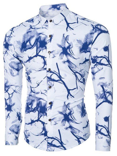 Chemise à manches longues de l 'encre imprimé floral Turn-down col hommes - Bleu clair M