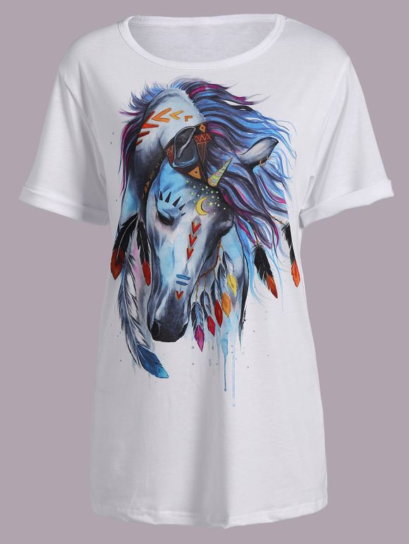 T-Shirt Casual Cheval Imprimer manches courtes col rond Femmes  's - Blanc XL
