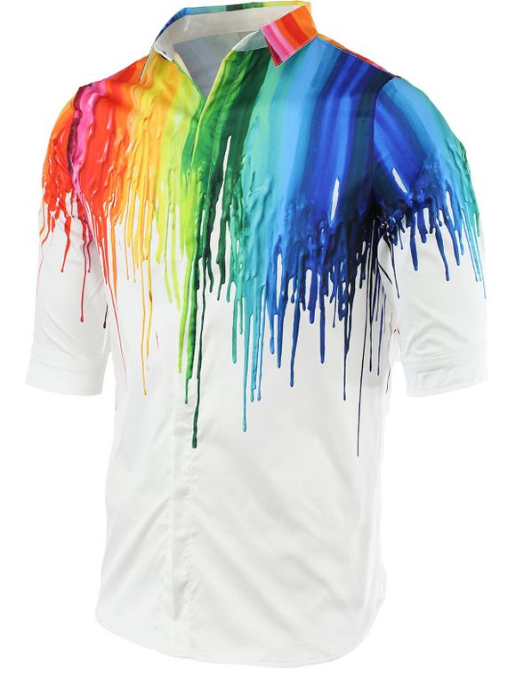 Multicolor Pintura Imprimé col rabattu manches demi Men  's Shirt - Blanc 2XL