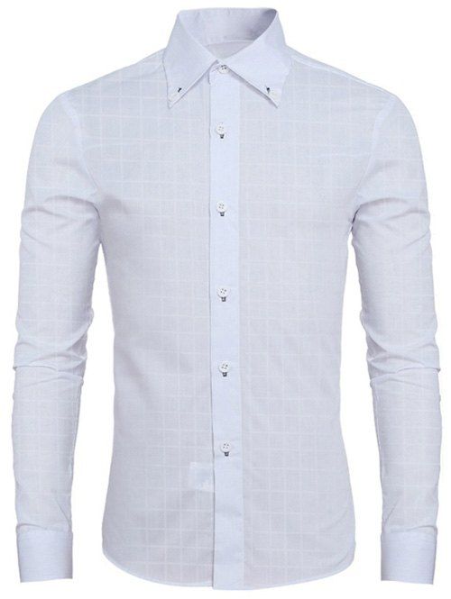 

Grid Pattern Long Sleeve Men's Button-Down Shirt, White