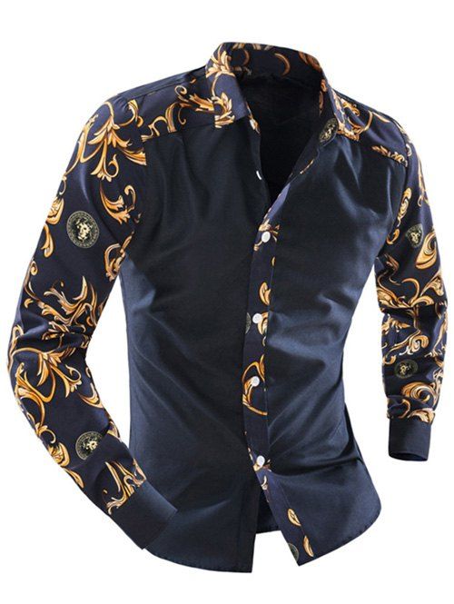 

Ornate Print Splicing Turn-down Collar Long Sleeve Men's Shirt, Cadetblue