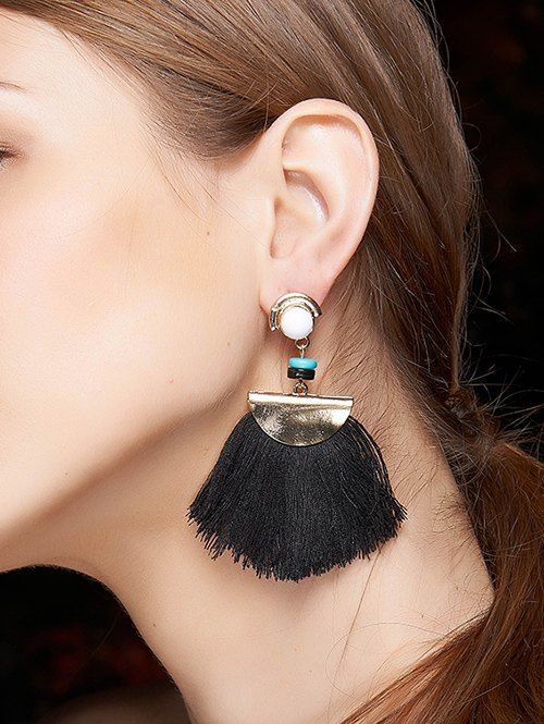 Bead Semicircle Tasseled Earrings - BLACK 
