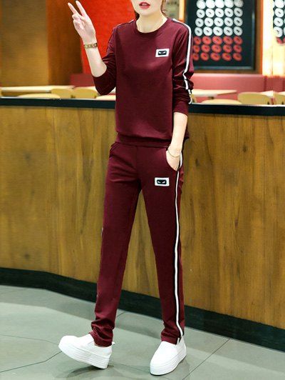 

Active Round Neck Striped Women's Sport Suit, Dark red