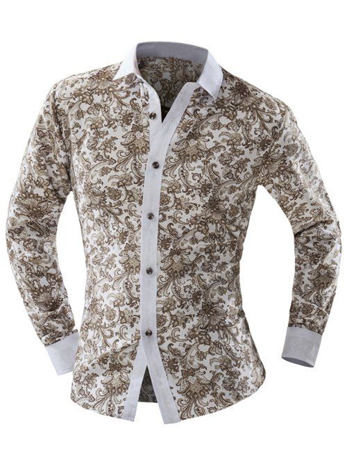 

Paisley Ornate Print Turn-down Collar Men's Long Sleeve Shirt, Beige