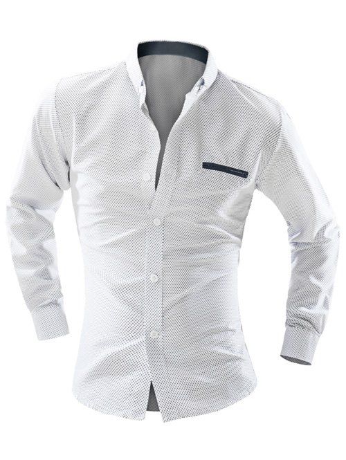 Button-Down Shirt Breast Polka Dot Double Welt Pocket Long Sleeve Men 's - Blanc 2XL