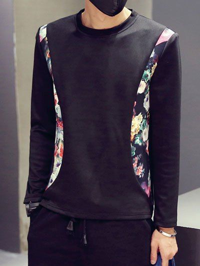 T-shirt à manches longues élégant imprimé floral épissage Men 's - Noir 2XL