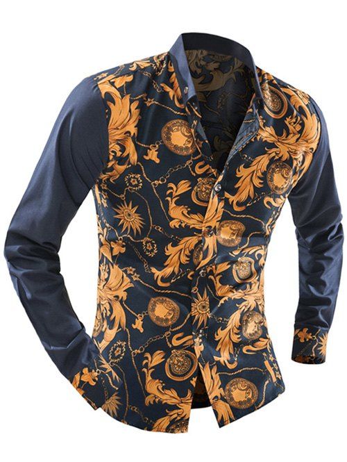 

Ornate Print Long Sleeve Men's Button-Down Shirt, Yellow