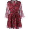Rétro style V-cou imprimé floral de Bell manches robe - Rouge L