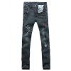 Stars Striped Patch Zipper Embellished Scratched Men's Straight Leg Jeans - Bleu profond 33