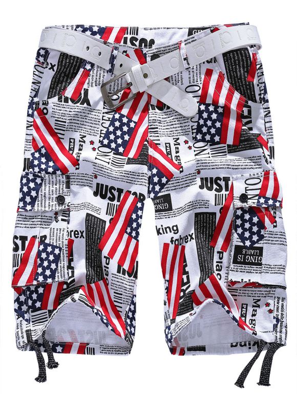 Newspaper and Flag Pattern Straight Leg Zipper Fly Pockets Embellished Men's Shorts - multicolore XL