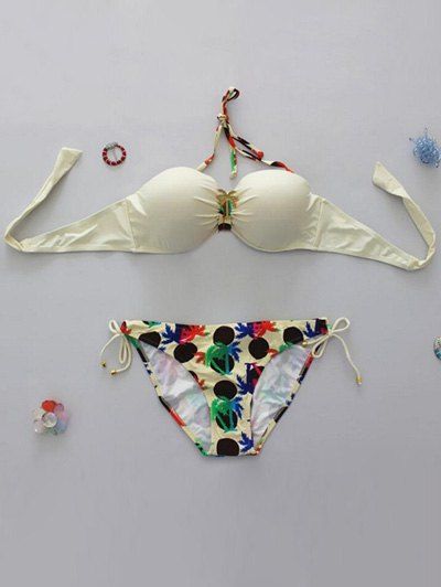 Attractive Halter Neck Coconut Tree Ensemble bikini pour les femmes - Blanc Cassé S