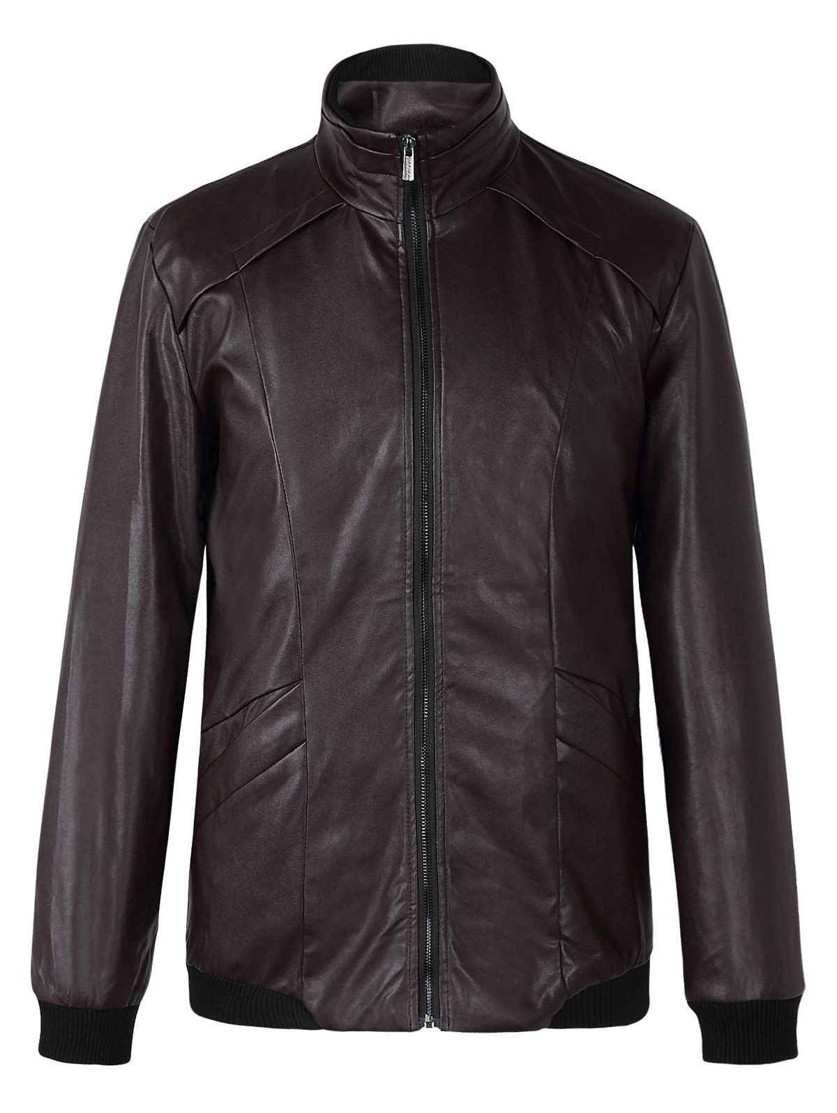 

Brief Stand Collar Long Sleeves Pure Color Leather Jacket For Men, Chocolate