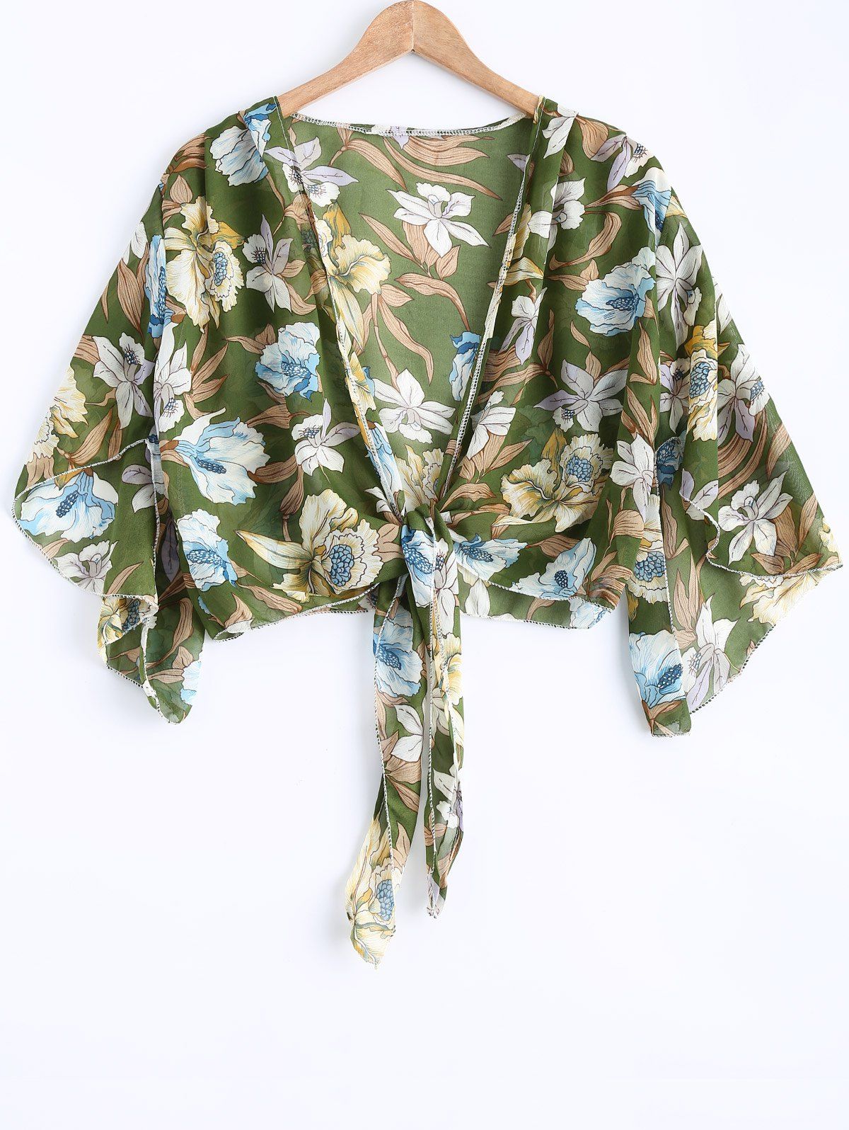 

Retro Style Floral Print Chiffon Tunic Blouse, Deep green