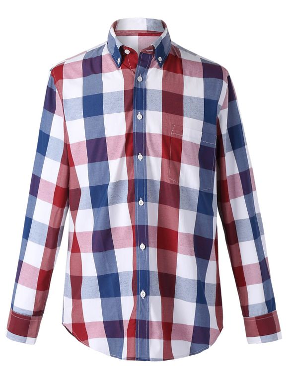 Classic Turn-Down Collar Long Sleeves Red and Blue Plaid Shirt For Men - Bleu et Rouge 2XL