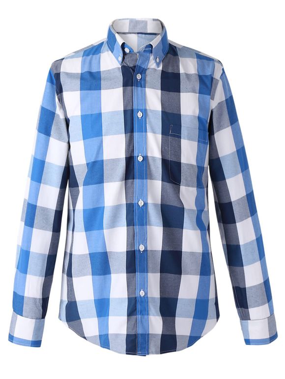 Turn-Down Collar Long Sleeve Classic Plaid Shirt For Men - Bleu 2XL