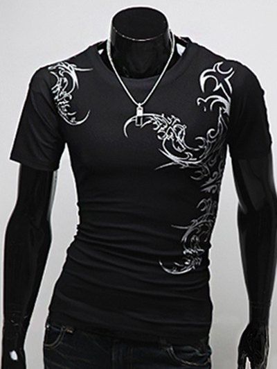T-Shirt Manches Courtes à Col Rond avec Imprimé Style Tatouage Chinois pour Hommes - Noir 2XL
