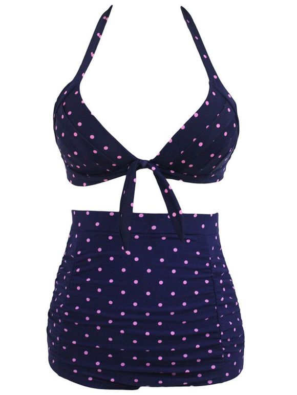 Élégant Polka Dot Print Halter taille haute Bikini - Bleu profond 3XL