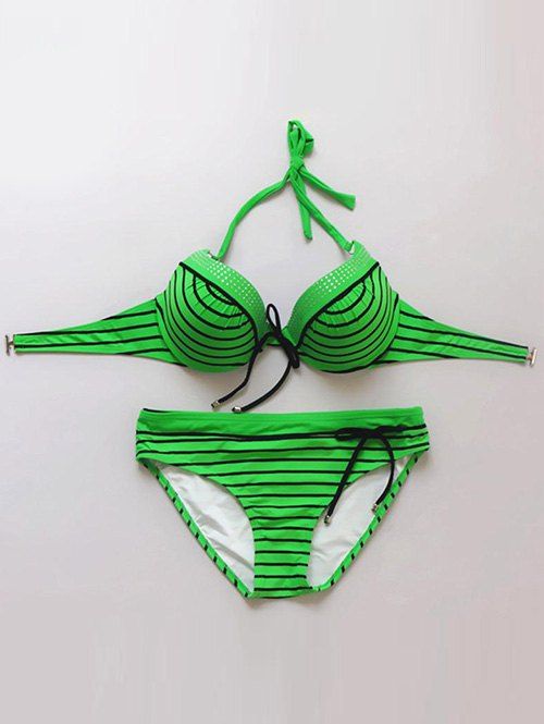 

Chic Striped Beaded Bikini Set For Women, Green