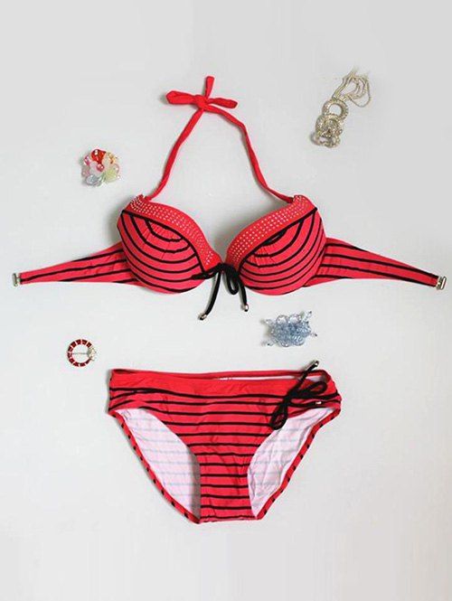Striped Chic perlé Ensemble bikini pour les femmes - Rouge L