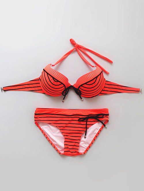 

Chic Striped Beaded Bikini Set For Women, Orangepink