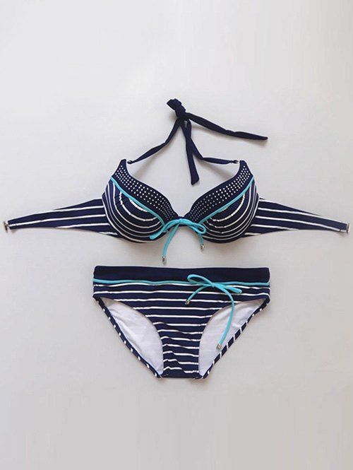 Striped Chic perlé Ensemble bikini pour les femmes - Bleu profond L