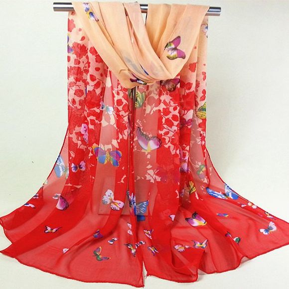 Butterfly Style Littérature Artiste et Femmes Motif Fleur d  'écharpe en mousseline de soie - Rouge 