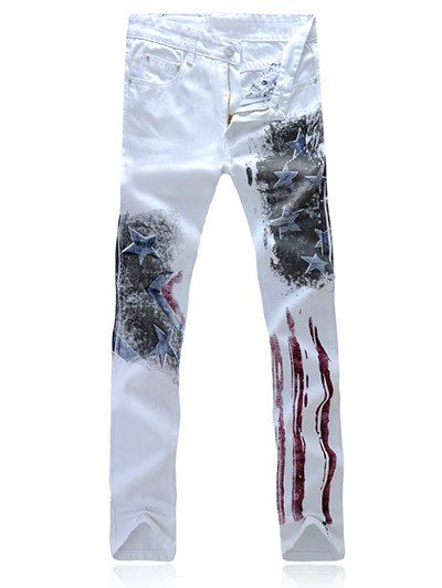 Chic Partial Striped Stars Print Casual Pants For Men - Blanc 35