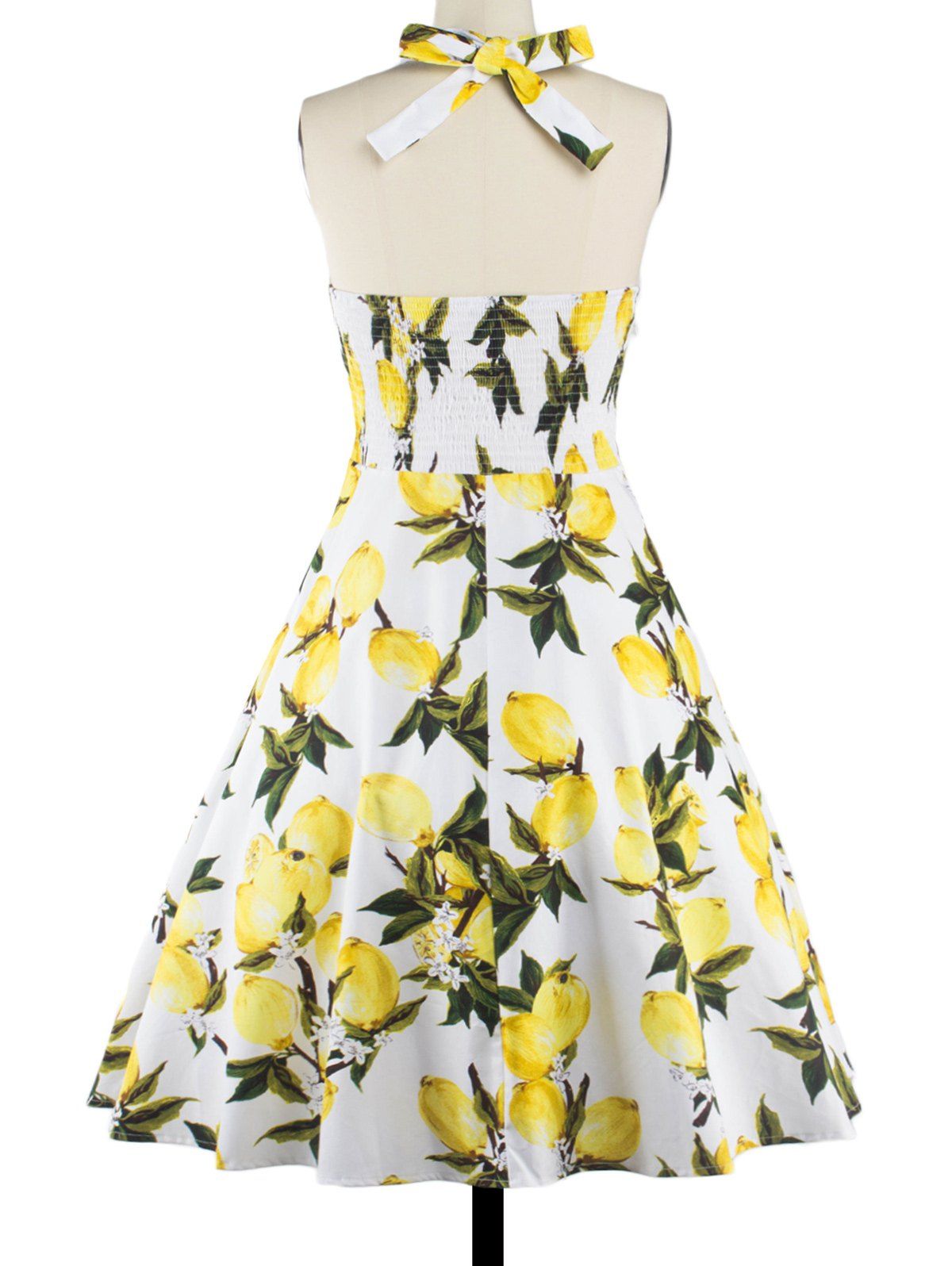 2018 Tea Length Halter Neck Lemon Print Vintage Dress YELLOW XL In