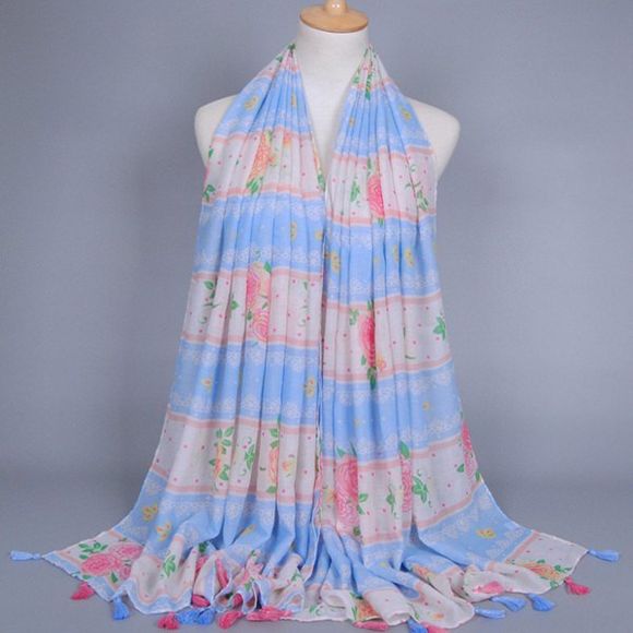 Fresh Style Flower Polka Dot Stripe Pattern Tassel Pendant Women's Voile Scarf - Bleu clair 