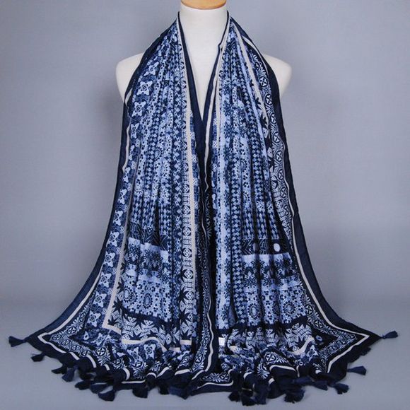 Chinese Yunnan Style Ethnic Geometry Pattern Tassel Pendant Women's Voile Scarf - Bleu Violet 