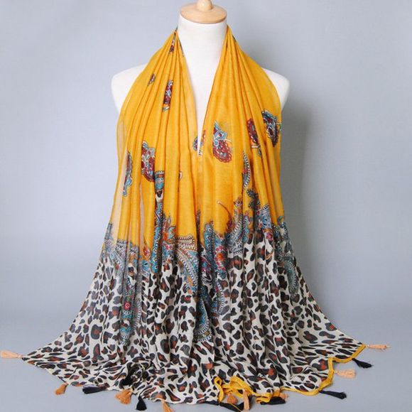 Style rétro léopard et motif Paisley Tassel Pendentif femmes s 'Écharpe Voile - Deep Yellow 