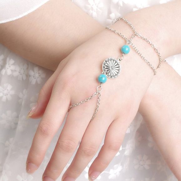 Argent Vintage Plaqué Médaillon Faux Turquoise Bead Bracelet avec anneau pour les femmes - Argent 