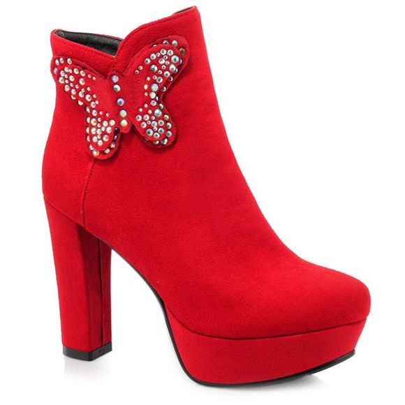 Fashion Rhinestones and Butterfly Pattern Design Women's Short Boots - Rouge 39